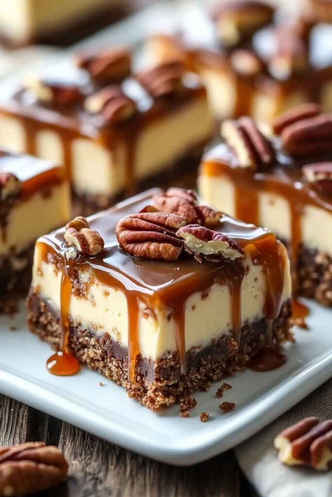 Caramel Pecan Turtle Cheesecake Bars