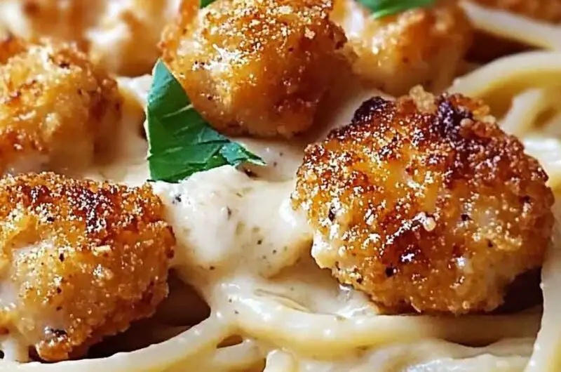 Golden Garlic Chicken Bites Over Creamy Parmesan Pasta