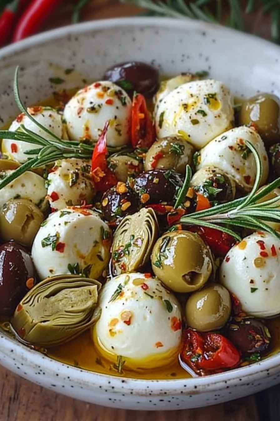 Marinated Mozzarella Balls Artichokes And Olives
