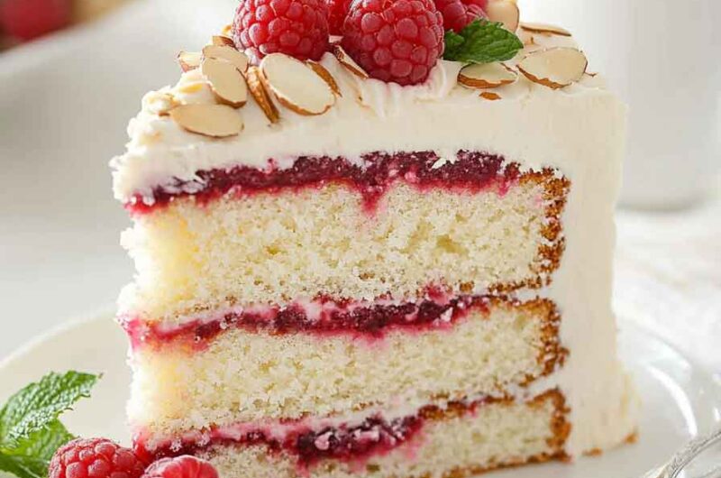 White Chocolate Almond Raspberry Cake