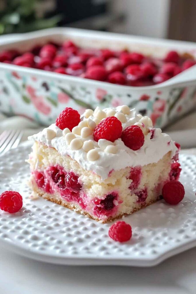 How to Serve White Chocolate Raspberry Poke Cake